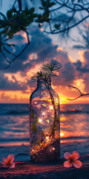 一个漂亮的玻璃瓶，里面装着星河世界，树木，花草，银河系，放在桌子上，背景是夕阳下的沙滩，梦幻，唯美，文艺，史诗级画面，真实摄影质感，高清8k