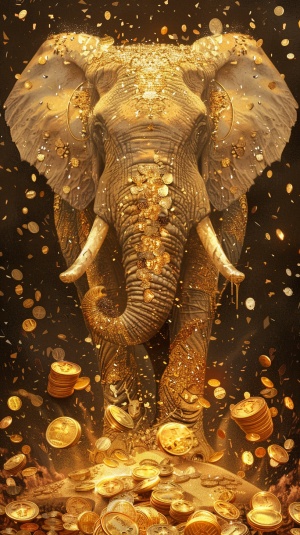 画一个金色的大象，金光闪闪周围飘落着好多金币金沙金箔