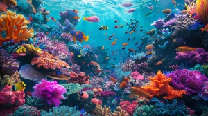 缤纷多样的珊瑚礁装点着整个海底世界，橙、粉、紫、蓝等色彩明亮鲜艳。身姿各异的海洋生物穿梭其中，美丽的彩鱼在水中优雅自如地游动，海龟悠闲地吃着海藻，珊瑚上的小海马纷纷跳跃，如诗如画的美景令人陶醉。