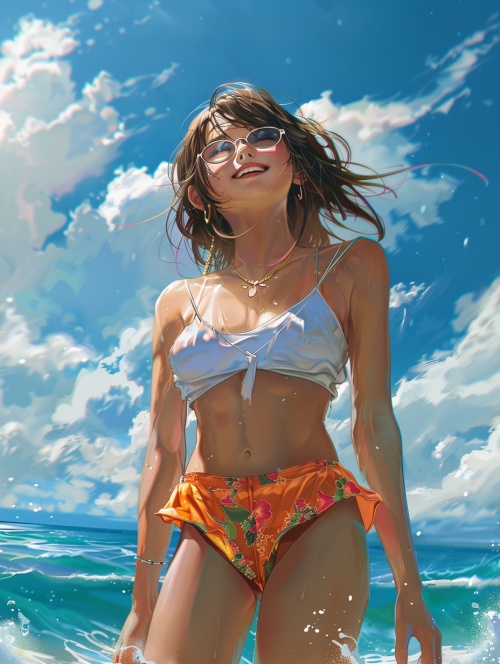 1girl,swimsuit,solo,navel,day,outdoors,bikini,sky,smile,ocean,cloud,open_mouth,closed_eyes,brown_hair,blue_sky,teeth,arms_at_sides,standing,sunglasses,water,beach,realistic,horizon,facing_viewer,watermark,upper_teeth_only,cloudy_sky,bare_arms,collarbone,waves,web_address,thigh_gap,:d,nose,cowboy_shot,artist_name,blue_bikini