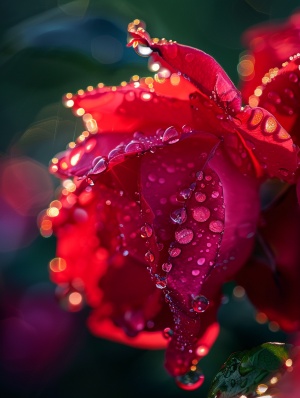 带露珠的红色玫瑰花，超微距，阳光透过露珠折射出光彩，摄影作品，大师之作。32K画质。