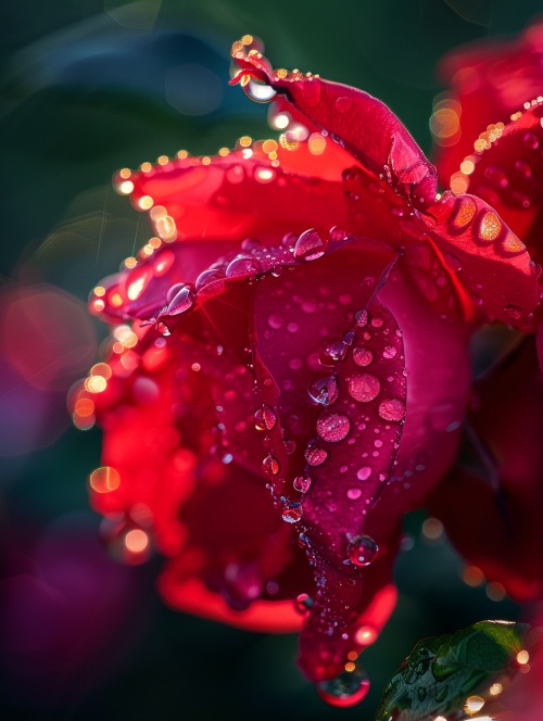 带露珠的红色玫瑰花，超微距，阳光透过露珠折射出光彩，摄影作品，大师之作。32K画质。