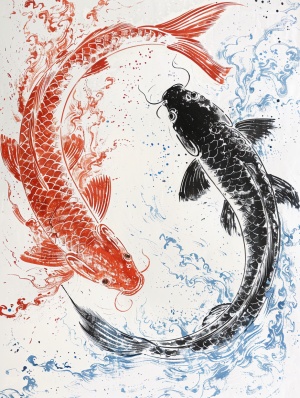 请画一幅鲤鱼跃龙门的画，红色的鲤鱼在前，黑色的鲤鱼在后，水面激起朵朵水花，龙门清晰可见