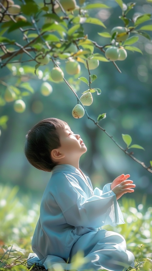 一个可爱的小男孩，青色汉服，古典精致，全身图，在院子里开心的玩耍，梨树背景