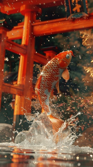 一条锦鲤跃过红色拱门,以日本风格溅起水和雾气。背景是使用Cinema4D、Cinecolor和广角镜头渲染的古建筑,具有细腻的纹理。它有一种橙色调和丰富的细节。一幅动态的构图,跃起的鱼周围有水珠飞舞,让人想起传统日本艺术风格。