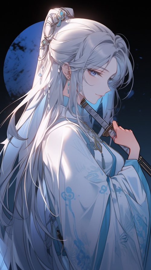 一个动漫风格的女孩,长着长长的银发,穿着蓝白色的汉服,手中拿着一把古剑,面带微笑。背景简单,月光荧光般照亮角色的脸庞,符合动漫美学风格。角色采用简单的线条绘制,以近景描绘上半身。
