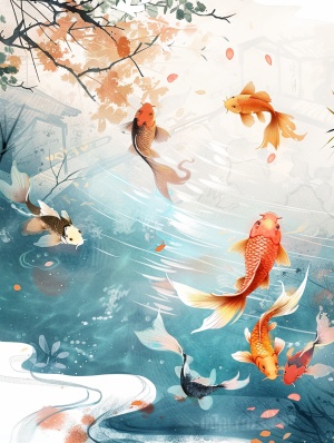 秋天，蓝蓝的湖中，游动的金鱼，鱼的颜色各异：有红色、黄色或黑色，龙门背景，简单的构图，平面插图，采用中国传统水墨画风格，工笔绘图，高清、高分辨率、高质量。细节丰富，笔触细腻，纹理精致，美丽的艺术构思。