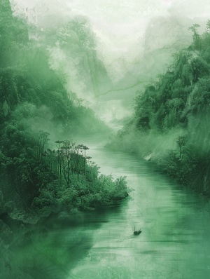 中国水墨画风格，一条河流，两岸是青山，河流上有一个小竹筏，整体的颜色是深浅不一的绿色