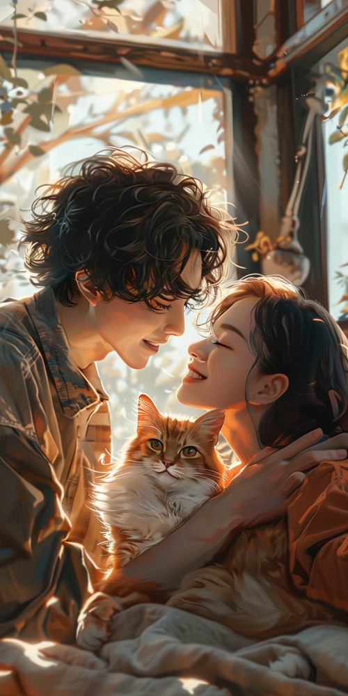 现代，一个头发微卷，长得帅气，气质干净，很温暖，阳光开朗的自由职业中国男人，和一个笑容灿烂的女生在房子里养了一只猫