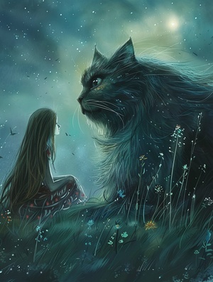 whimsical nightscape of a pretty girl with long hair sitting next to a large cat. Inspiration from amanda clark, mandy disher, nostalgic atmosphere ar 17:25 stylize 750