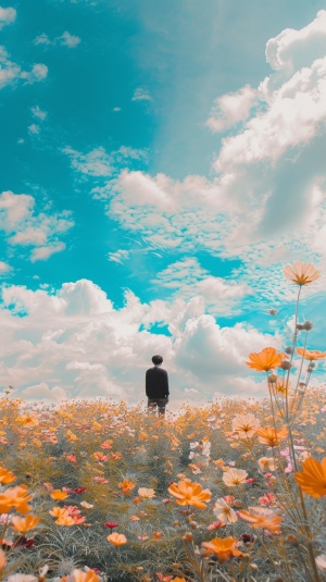 一半画面一个男人站在开满鲜花的草原上，画面一半，天空蓝天白云