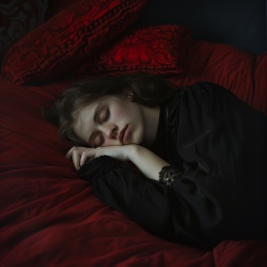 一个女生穿着黑色的丝袜，躺在床上，面色红润