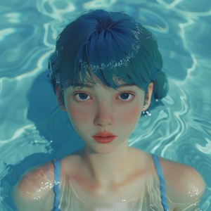 一位中短蓝色头发的女生穿着比基尼在泳池里面面对镜头的样子
