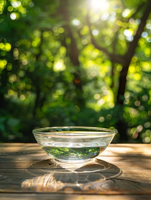 一个玻璃碗里装着透明清澈的水放在木桌上，在正午的阳光下，晒太阳，有绿色的树木做衬托
