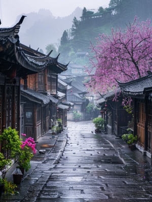 江南烟雨古镇的美丽画卷。白天真实拍摄，雨后，中国古老的木屋春意盎然，江南古镇的街道上绿树花草成荫。河道游船，它是超广角、超高清
