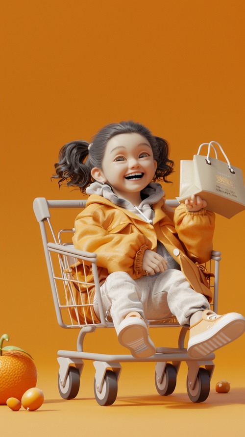 A little cute girl is sitting in a shopping cart, holding a bag in her hand, with a happy expression on her face,clean background,3D rendering,Orange and white,modern style, fashion and simplicity, C4D, ultra high definition, 8k, high quality,blender