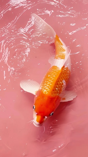 橙色锦鲤在清澈的粉色水中游荡