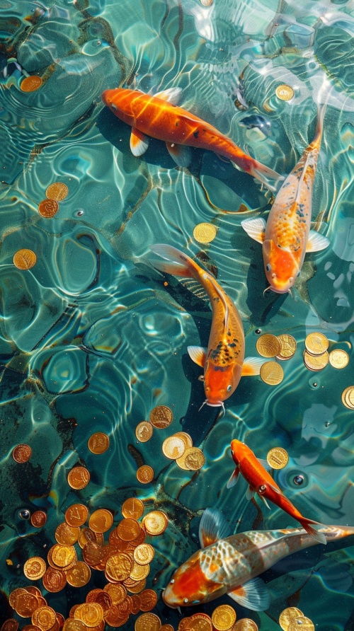 金色锦鲤在清澈的蓝色水中游荡水中有好多金币金沙金箔