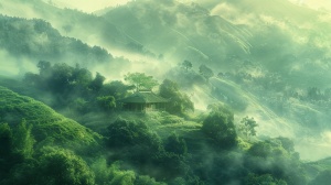 一幅宁静的山水画，连绵起伏的青山，笼罩在薄雾中，一间小屋坐落在树木环绕的山坡上，沐浴在柔和的晨光中，采用西方油画技法的中国山水画风格，高度细致，宁静的气氛，8k