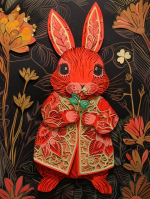 红色绒毛卯兔，眼神明亮守护神态，绣着中国传统花纹的守护神衣袍，嘴里含着四叶草，脚下是菱形剪纸花纹，整体呈现出温暖而充满幸福的感觉。