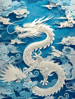 神态威严的辰龙盘旋于蓝天白云之间，它身姿雄伟，鳞甲华丽。剪纸风格下，细节之美让人惊叹：龙角纷繁错落、龙爪锋芒毕露、龙鳞雕刻精致，尽显中国文化之魅力。
