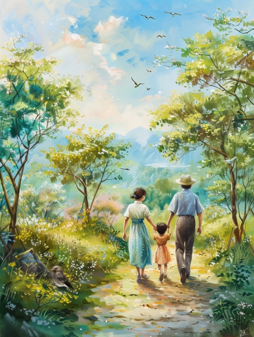爸爸，妈妈，女儿，三个人手牵手一起走在路上的背影，两边是翠绿的树木，前方是桃花源，美好而宁静，旁边还有鸟儿在飞