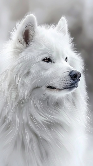 画一只白色的萨摩耶犬，有着美丽的白色长毛，样子可爱，性情温顺，原画，摄影，电影，8k超清