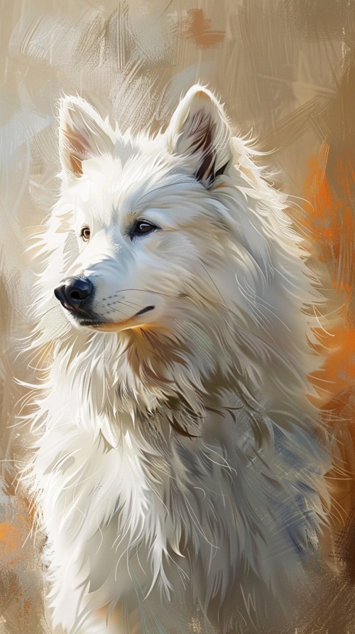 画一只白色的萨摩耶犬，有着美丽的白色长毛，样子可爱，性情温顺，原画，摄影，电影，8k超清