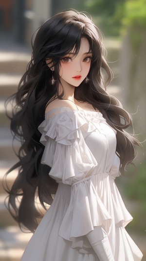 一位黑色长发的美丽女孩，穿着白色连衣裙，站在校园门口的画面