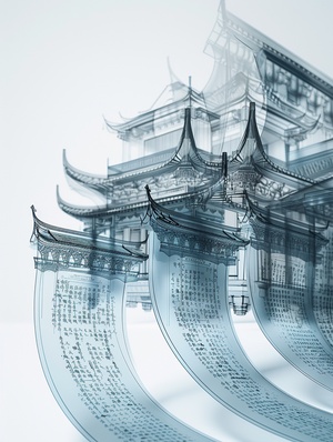 An unfurled scroll of ancient Chinese rice paper, made of glass, Chinese-chic style,floating cities, disorganized Spaces, Classical architecture, light blue,C4D,OC renderer, fantastic, antique and futuristic,3D antique, large white space, shift axis photography, backlight, volume light, self-lighting, stage light, clean background,3D style, science fiction