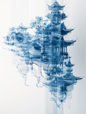 An unfurled scroll of ancient Chinese rice paper, made of glass, Chinese-chic style,floating cities, disorganized Spaces, Classical architecture, light blue,C4D,OC renderer, fantastic, antique and futuristic,3D antique, large white space, shift axis photography, backlight, volume light, self-lighting, stage light, clean background,3D style, science fiction