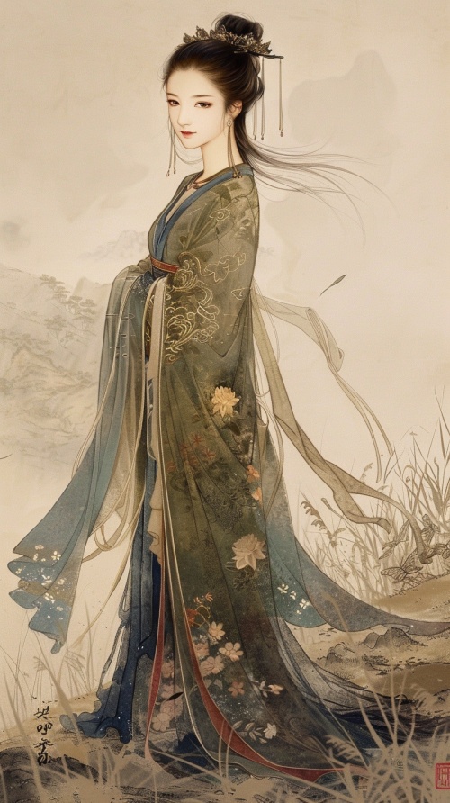 一个五官精致美丽气质佳的年轻美女，穿着一套华丽的藏族服装，全身照藏，站在草原上