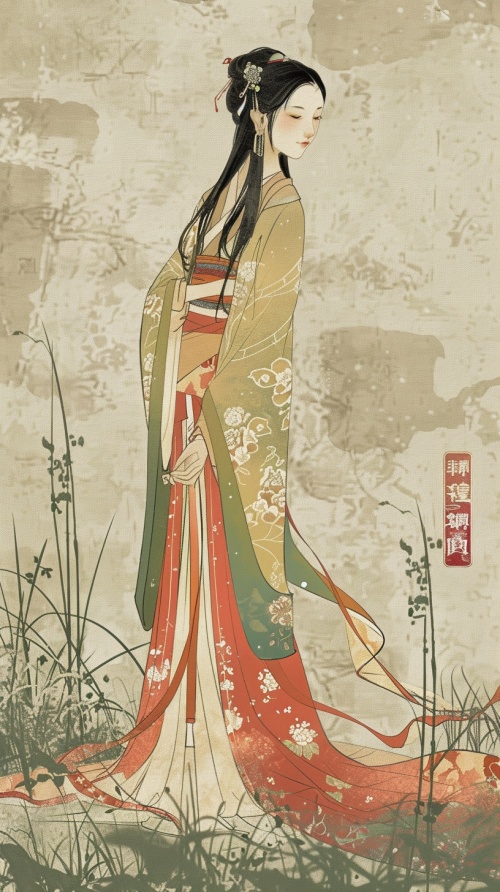 一个五官精致美丽气质佳的年轻美女，穿着一套华丽的藏族服装，全身照藏，站在草原上