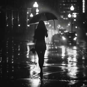 在雨夜的街头，她独自一人，手持雨伞，映照着路灯下的身影。衣袂飘飘， boots在雨中留下一串串印记，城市的灯火在远处闪烁，她的孤独与坚定，构成了一幅动人的画面。#雨夜独行 #城市夜景 #孤独身影 #雨中漫步 #伞下女孩