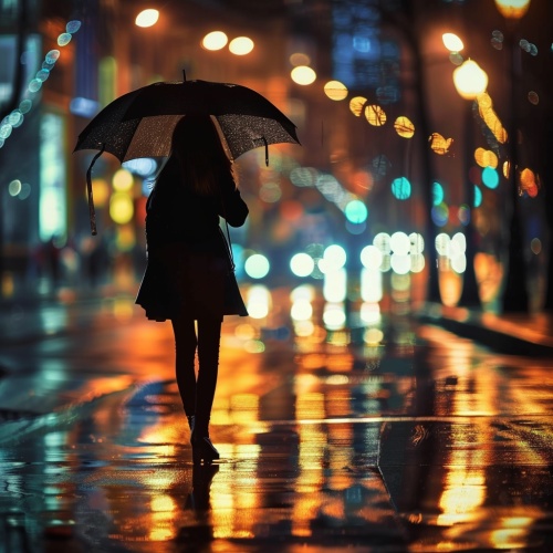 在雨夜的街头，她独自一人，手持雨伞，映照着路灯下的身影。衣袂飘飘， boots在雨中留下一串串印记，城市的灯火在远处闪烁，她的孤独与坚定，构成了一幅动人的画面。#雨夜独行 #城市夜景 #孤独身影 #雨中漫步 #伞下女孩