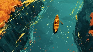 国风，卡通风格，画面简约，线条流畅一条蓝色的河，上面有黄色的大姜，河面上飘着深红色的红糖块，有人在划着小船，四分之三侧视