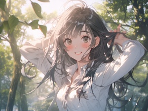 ((bushes),tree,forest,sunshine,),(extremely delicate and beautiful:1.2),1girl,Pastel Colors,(arms behind back),front,upper body,straight_hair,(very_long_hair),(closed_mouth),(white_shirt),(bowtie),wind lift,hair lift,