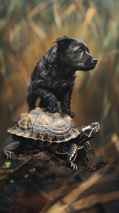 一只大狗站在乌龟的背上，乌龟先前爬行。真实照片，徕卡镜头，复杂细节，明亮光线