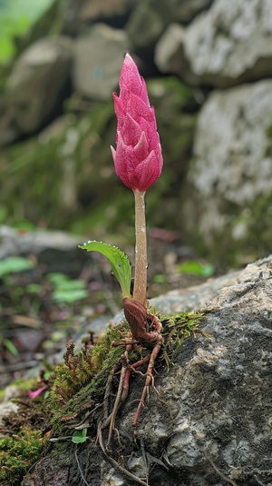 s.mj.run-gVAYJpLIUg In the alpine forest, a large pink to red bud is extremely rare. It is rooted in the stone where the moss grows. The base of its stem has many short, dense and smooth closed roots. The root system is well-developed and There is a green leaf on the edge of the root system. The top of the bud is shaped like a hat, and the petals look like tassels. There are a few drops of water shining inside, which is eye-catching. This scene is as beautiful as a pearl, showing the mystery and magnificenc