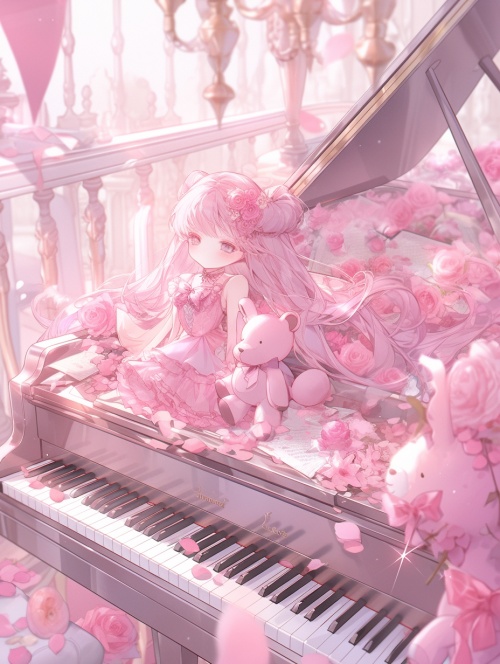 粉色风琴，粉色玫瑰花，粉色小兔子玩偶，粉色飘窗