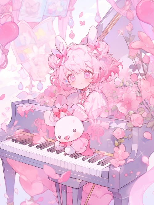 粉色风琴，粉色玫瑰花，粉色小兔子玩偶，粉色飘窗