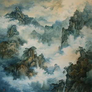 画一幅中式山水画，云雾缭绕，山峦若隐若现