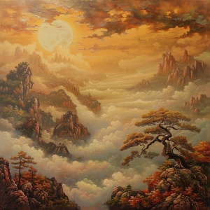 画一幅中式山水画，云雾缭绕，山峦若隐若现