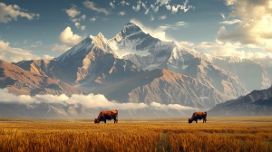 摄影胶片 写实 远处雪山巍峨雄壮，层次分明，云雾缭绕。近处黄金麦穗地前面站着两头牛，摄影大片即视感