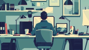 一个工位的中景，一个打工人坐在工位上，桌面上有电脑，鼠标，键盘，水杯，