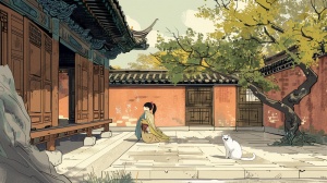 在中国古代园林分格的院子中 一个身穿传统服饰的女孩坐在屋檐下 她靠着一只白猫