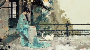 在中国古代园林分格的院子中 一个身穿传统服饰的女孩坐在屋檐下 她靠着一只白猫