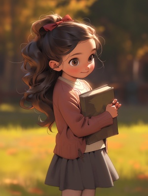 扎着扎着高马尾的小女孩，深紫色头发头发微卷，穿着棕色的吊带裙，黑色小皮鞋，天真可爱的笑容，在公园里手上拿着一本书，