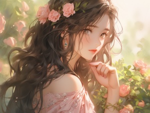 中文一个20岁的女孩，五官秀丽，大眼睛，站在花园里，轻轻地抚摸着玫瑰，鲜花，微风吹拂着长发，阳光照在她完美的脸上，展示着她优雅、现实的人物，现实主义的电影-s 400-nij