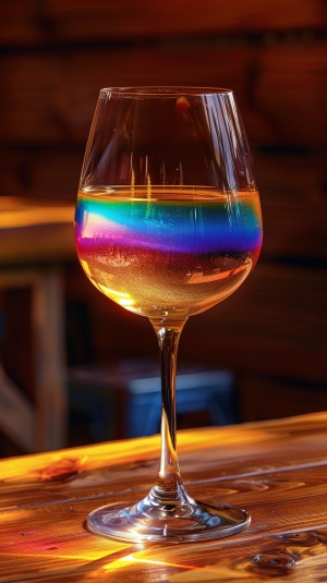 undefined Rainbow-colored wine in a crystal cup, at a with wooden background